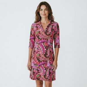 Jude Connally Pink Brown Paisley Jude Cloth 3/4 Sleeve Shift Dress Womens Small